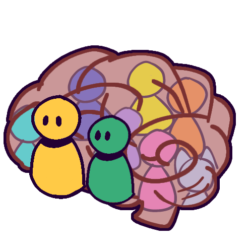  A drawing of brain with several people inside it. There are two people in the front of the brain, one yellow and one teal.