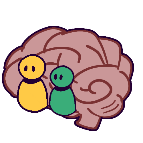  A drawing of brain. There are two people in the front of the brain, one yellow and one teal.