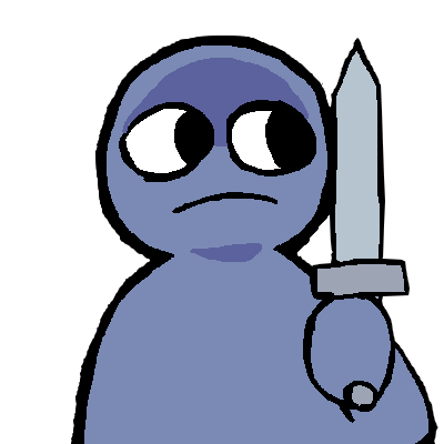 A blue-grey figure looking to the side and holding a short sword.