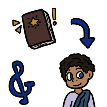 A closed brown book has a yellow star on the cover, two triangles to the left of it, and an exclamation point to the right. A blue arrow points to a medium-brown skinned person with very dark, curly hair, wearing a white shirt and a blue piece of fabric put over their left (our right) shoulder with ruffles in it and drooping down towards the left side. A blue treblesand is visible next to them. 