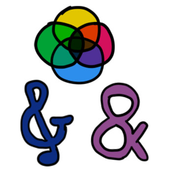 Three symbols. One is a blue treblesand (a combination of a treble cleff and ampersand), one is a purple ampersand, and one is the Emmengard's Plural Rings (which look like a rainbow 4-part venn diagram)