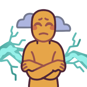 a person with a distressed expression hugging themselves. There’s two smaller clouds over their head, and one big teal drawing of lightning behind them.