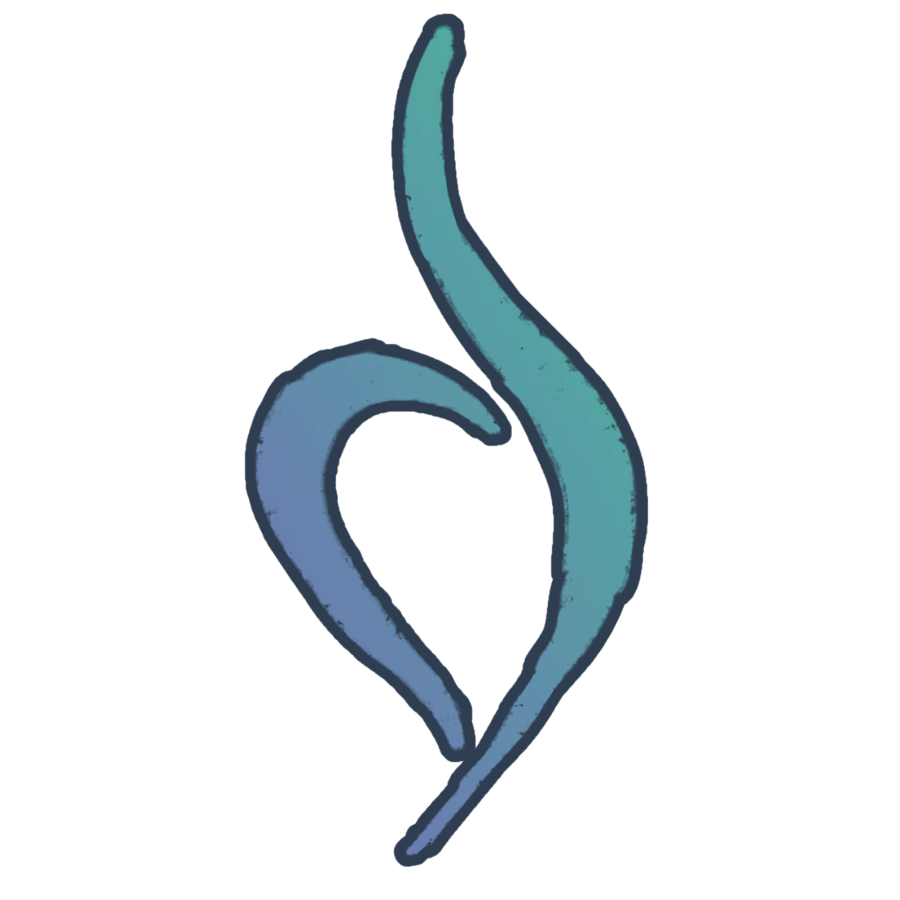 A drawing of the Eating disorder Awarness symbol the design resembling a stylized flame and or heart. The shape consists of two curving lines that taper to points, forming an elegant, flowing figure. The color gradient transitions smoothly from blue to purple.