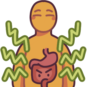 a person with a neutral expression, with their digestive system pictured and having an angry “irritated” face, and green jagged lines radiating out from it.