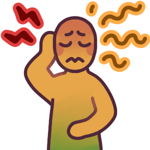 a person holding their head with one hand and holding their stomach with the other. They have an uncomfortable expression, are flushed from heat, half red and yellow accent marks around them to represent pain and stress, and green fading up their stomach to represent nausea.