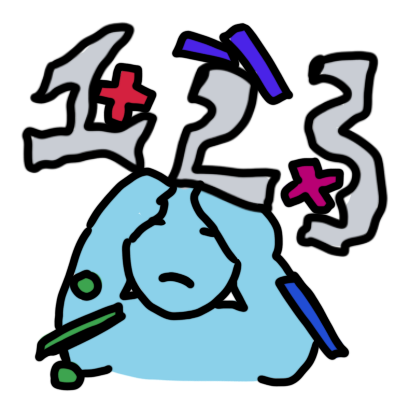 A blue figure covering their head as mathematical symbols fall down around them, including from a wobbly light grey '1' '2' and '3'.