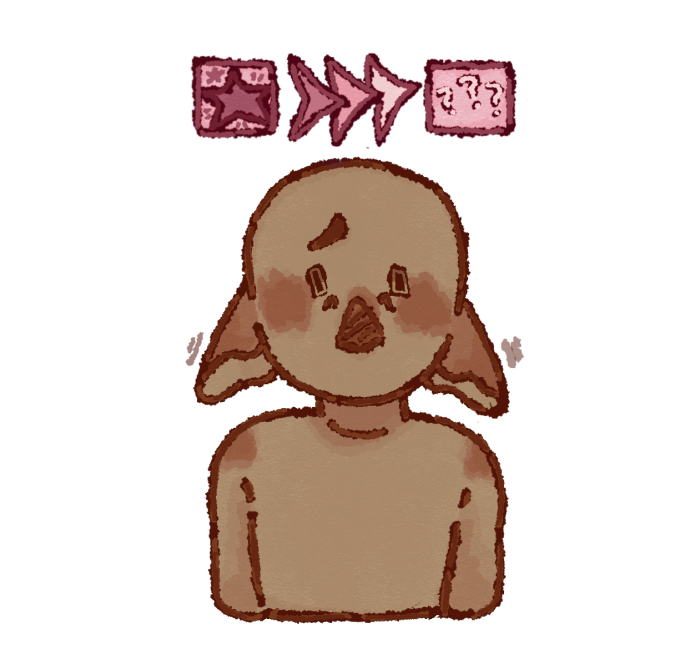 A drawing of a clay colored person with long elf like ears that are pointed down. The person has a distressed expression on their face. Above the clay persons head that is a pink  box with a star in it that has three arrows pointing forwards at a light pink box with question marks in it.