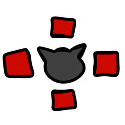 a grey shape of a cat's head, with a red square-ish shape on each side stopping it from moving.