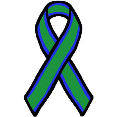 a green awareness ribbon with blue trim.