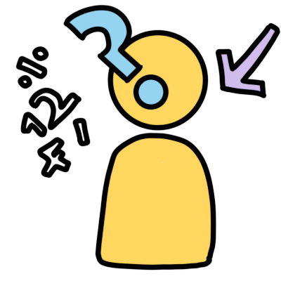 a yellow figure with a question mark on their head, looking at a falling jumble of white numerals and simple mathemtical signs. an arrow points to the figure 