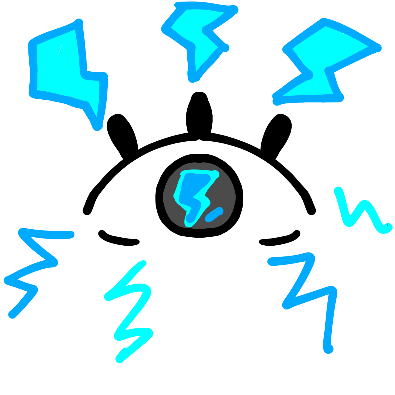 an outline of an eye with a grey iris and a cyan lightning bolt pupil surrounded by bright blue and cyan lighting bolts