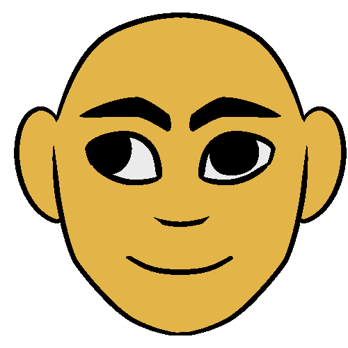An orange face with a left eye looking outward, and a right eye looking forward.