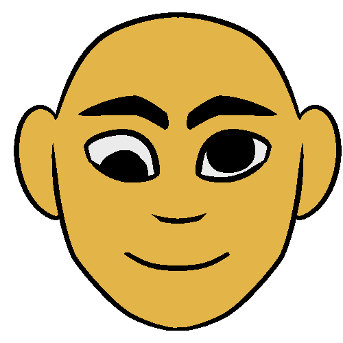 An orange face with a left eye looking down, and a right eye looking forward.