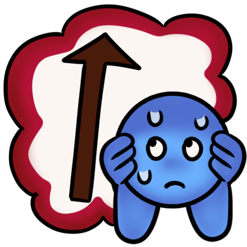 a blue figure with a frightened expression and sweatdrops covering their ears and hiding from a big thought bubble with a red outline. in the thought bubble is a long up arrow.