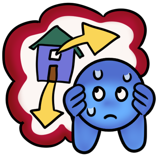 a blue figure with a frightened expression and sweatdrops covering their ears and hiding from a big thought bubble with a red outline. inside the bubble is a house with a yellow arrow going out from the door, and another arrow from the window.