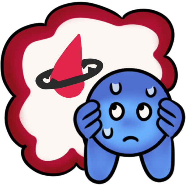 A blue, cartoonish character with large, expressive eyes and a worried expression is depicted. The character has sweat droplets on its forehead and is covering its face with its hands. Above the character, a thought bubble containing a red blood droplet surrounded by a swirling, dark black aura with spikes is visible.