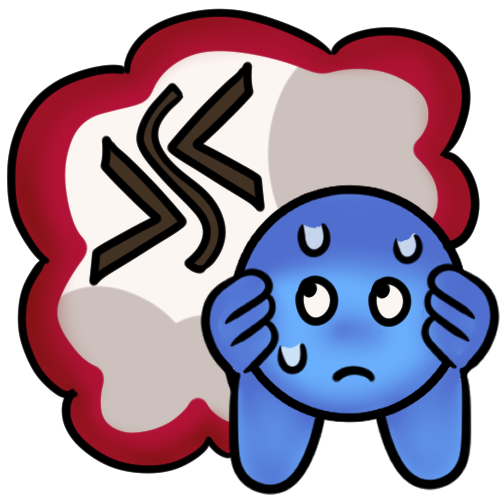 a blue figure with a frightened expression and sweatdrops covering their ears and hiding from a big thought bubble with a red outline. in the thought bubble are two triangles pointing at each other with a line squeezing in between, and light brown in most of the other bits of the bubble.