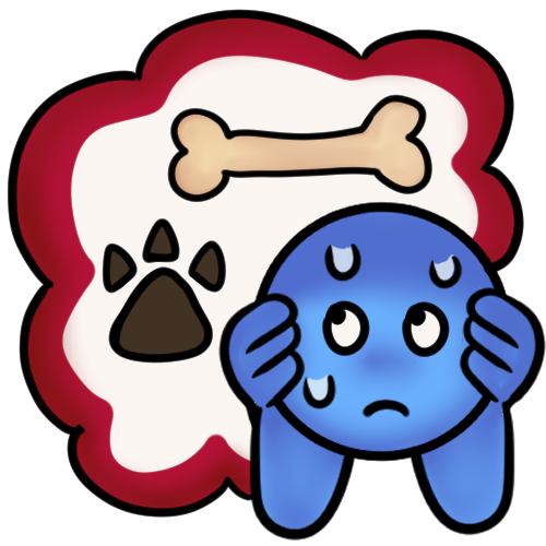 a blue figure with a frightened expression and sweatdrops covering their ears and hiding from a big thought bubble with a red outline. inside the bubble are a bone and a pawprint.