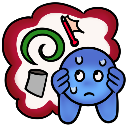 a blue figure with a frightened expression and sweatdrops covering their ears and hiding from a big thought bubble with a red outline. inside the bubble are a thermometer showing a high temperature, a green spiral, and a grey bag or trashcan.