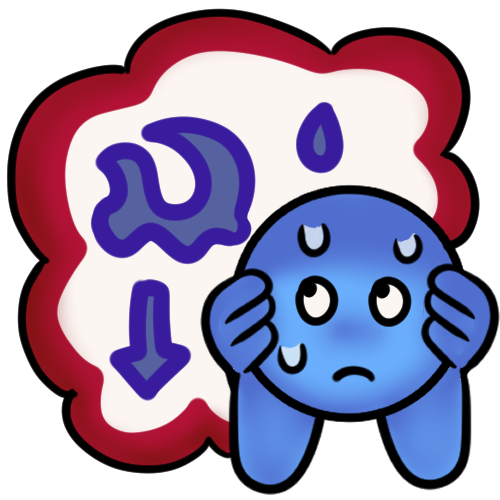 a blue figure with a frightened expression and sweatdrops covering their ears and hiding from a big thought bubble with a red outline. in the thought bubble are a blue droplet, wave shape, and down arrow.