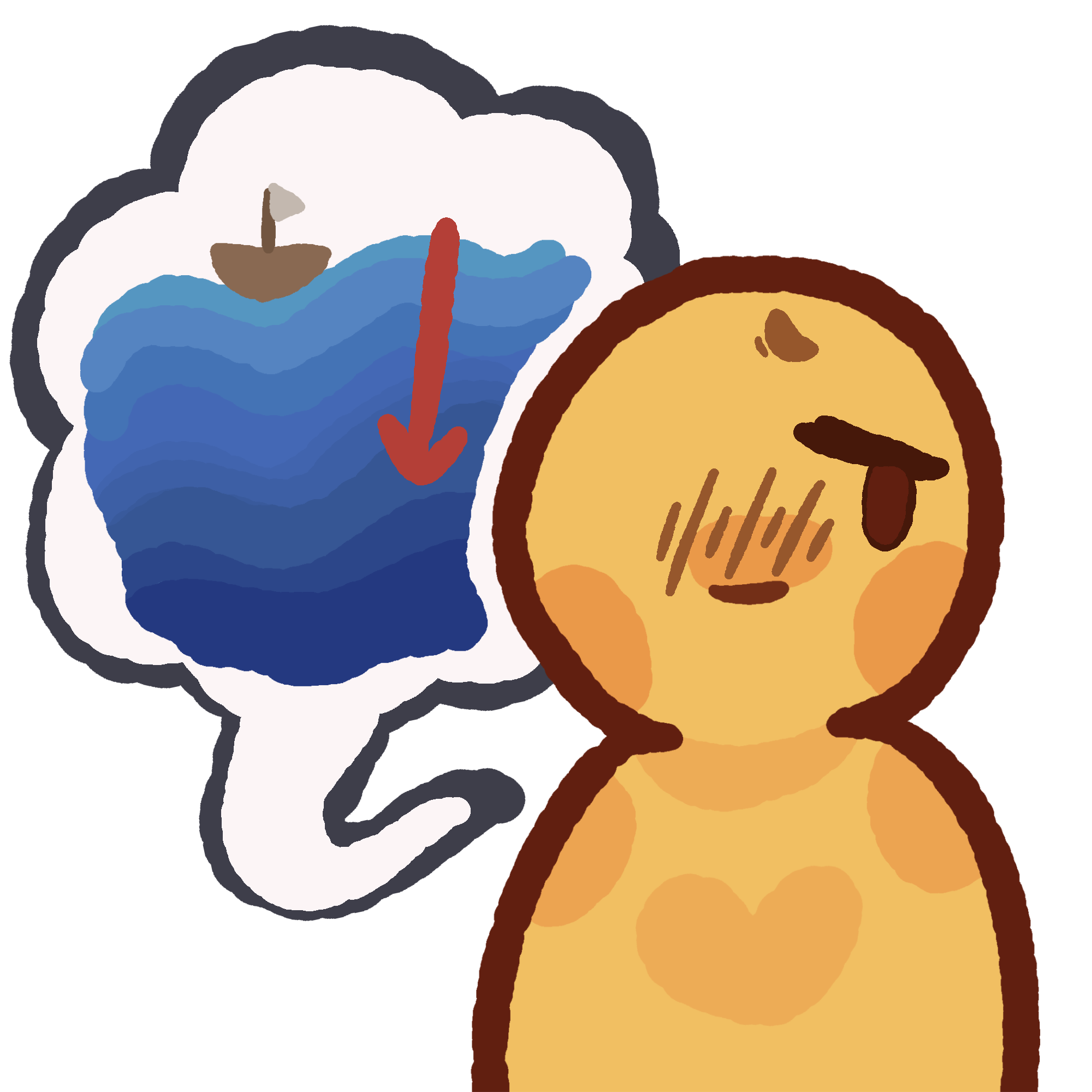 A simple yellow person with a worried/scared expression. A wobbly speech bubble is coming from them, there is a lineless ocean is drawn with a boat on the top layer , the further down it goes the blue gets darker . There is a red arrow pointing down to emphasize the deep water