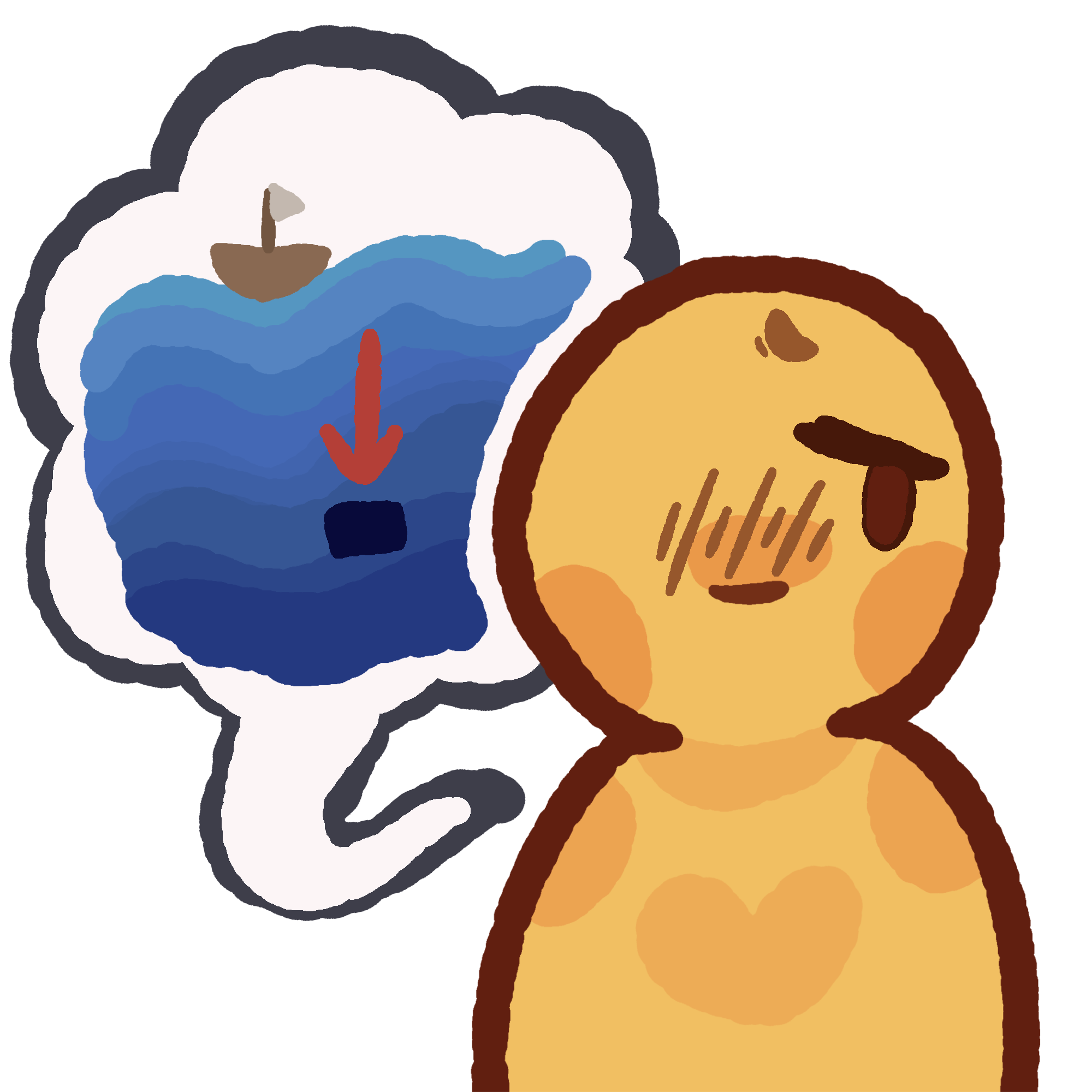 A simple yellow person with a worried/scared expression. A wobbly speech bubble is coming from them, there is a lineless ocean is drawn with a boat on the top layer , the further down it goes the blue gets darker . There is a red arrow pointing down at a darker blue square in the water