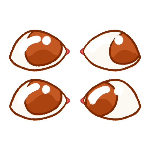 : a drawing of two pairs of brown eyes, both with strabismus. the left eyes are facing in the same direction, while the upper right eye is facing towards the outside of the eye and the lower right eye is facing towards the inside of the eye