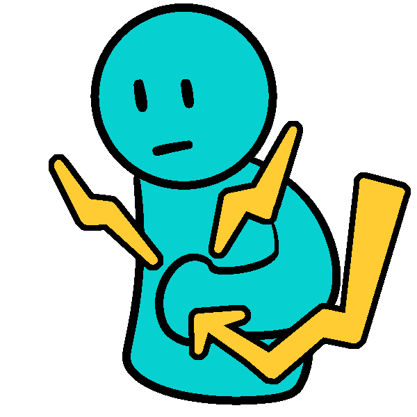 A teal person with a blank face beating their chest with one arm. A zig zag arrow follows the curve of their arm, pointing to their chest, and two small lightning bolts come off of the impact.
