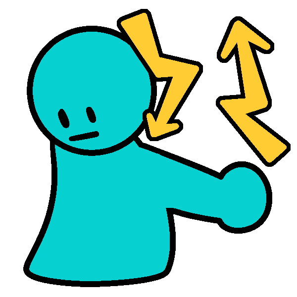 A teal person looking down and raising their arm. There are yellow zig zag arrows next to their face and next to their arm, which point in the direction of the motion.
