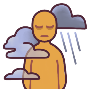 a figure standing with their hands behind their back. They have a muted expression, with dark circles under their eyes. On one side of them is a dark cloud that is raining, and on their other side there are lighter foggy clouds that go around them.