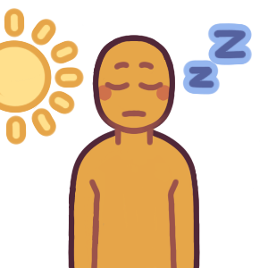 a person standing up but fast asleep, blue Z’s floating nearby on one side and a sun on the other side.