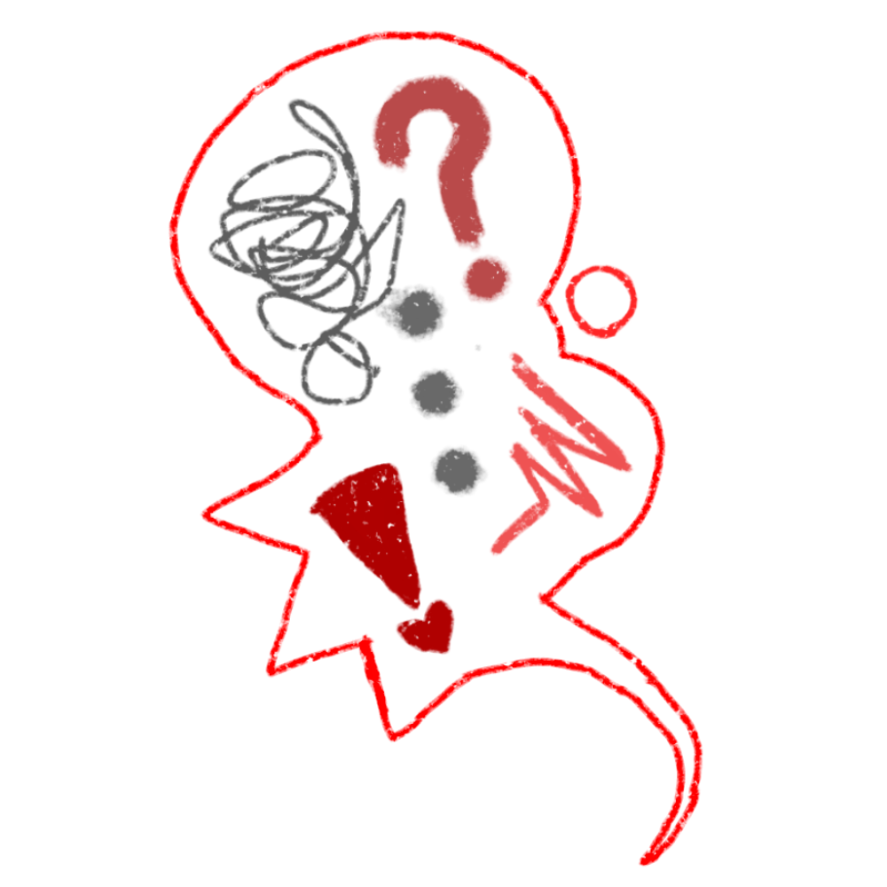a stylized, abstract white thought bubble containing a question mark, exclamation point, periods, scribbles and is outlined in red, The image is set against a clear background, and the lines and shapes are drawn in a rough, crayon textured style