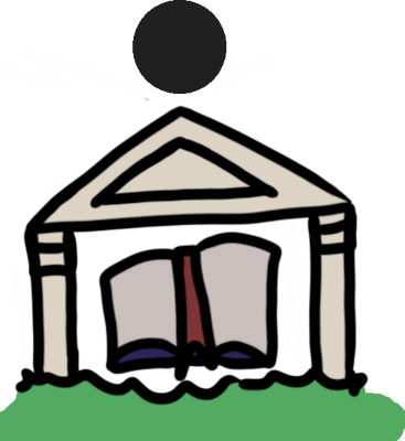 A dot above a large book inside a stone entrance arch, on grass.