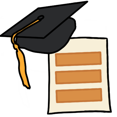 A piece of paper with three gold stripes. above it is a mortarboard with a gold tassel.