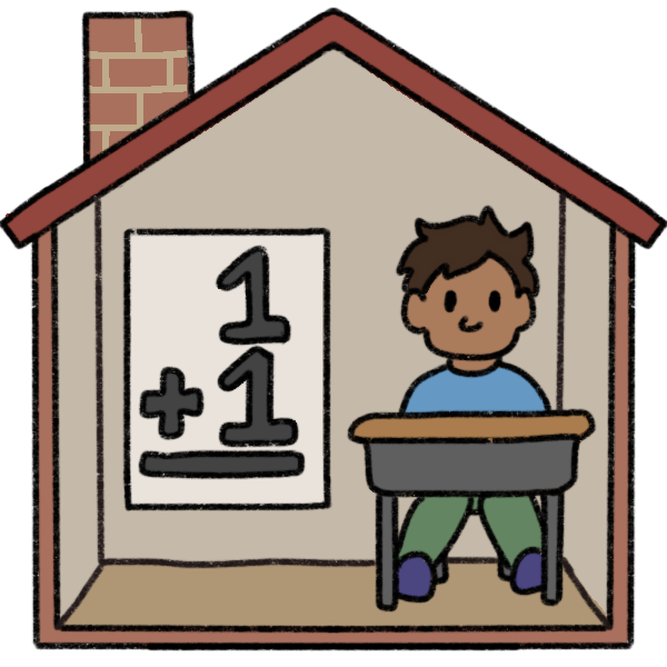 a child sitting at a desk in a home with “1+1” written on a poster on the wall. The home is a stereotypical house with tan walls and a chimney, and the child has brown skin and dark hair, wearing a blue shirt and green pants.