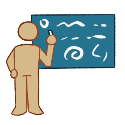A digitally drawn image of a person holding chalk and standing next to a teal chalkboard.