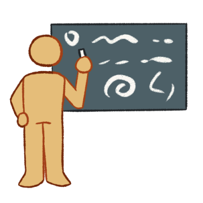 A digitally drawn image of a person holding chalk and standing next to a grey chalkboard.