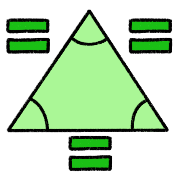 a green triangle with sides that are the same length. It has green equals signs by each side. There are arcs in each angle of the triangle.