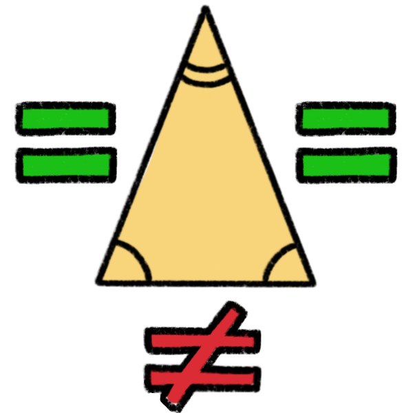 a yellow triangle with two sides that are the same length, and a third side that's shorter. Two of the sides have green equals signs by them, but the third has a red not equal sign. There are arcs in each angle of the triangle, two matching and one not.