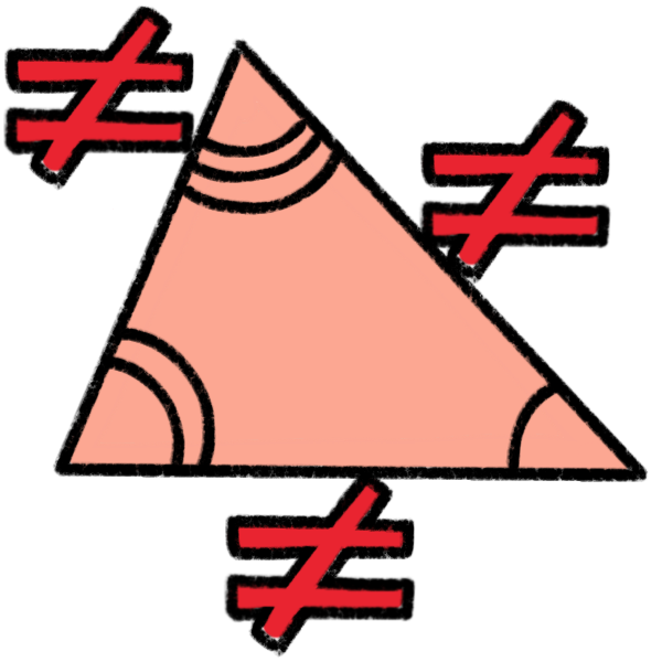 a red triangle with sides that are all different lengths. There are red not equal signs by each side. There are arcs in each angle of the triangle, none of them matching.