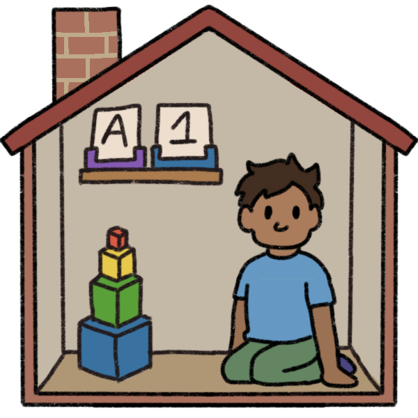  A child kneeling on the floor of a home with Montessori teaching tools around them, including rainbow blocks and number and letter cards on a shelf. The home is a generic house with tan walls and a chimney. The child has brown skin and dark hair, and wears a blue shirt and green pants.