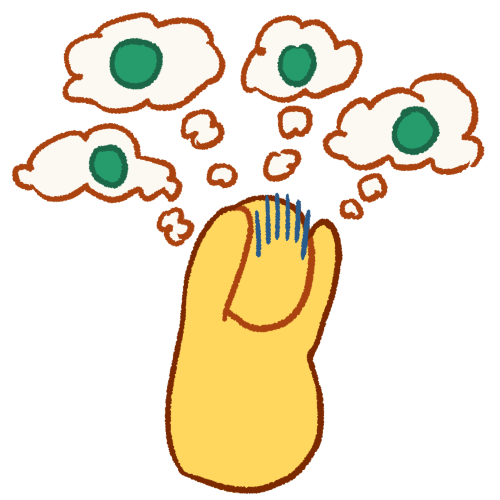 A drawing of a plain yellow person holding their hands to their head and looking distressed. They are surrounded by thought bubbles, each containing a green circle.
