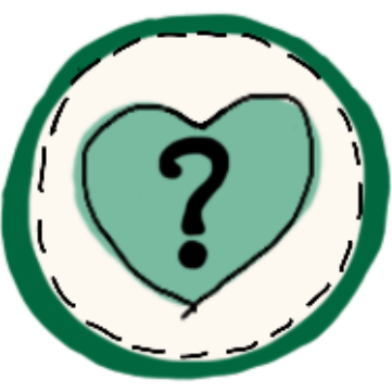 white circle with a greenish blue heart in the middle with a question mark on it, their is a dark green border around the white circle, between the green and white is a dotted line, and around the heart is a black solid line.