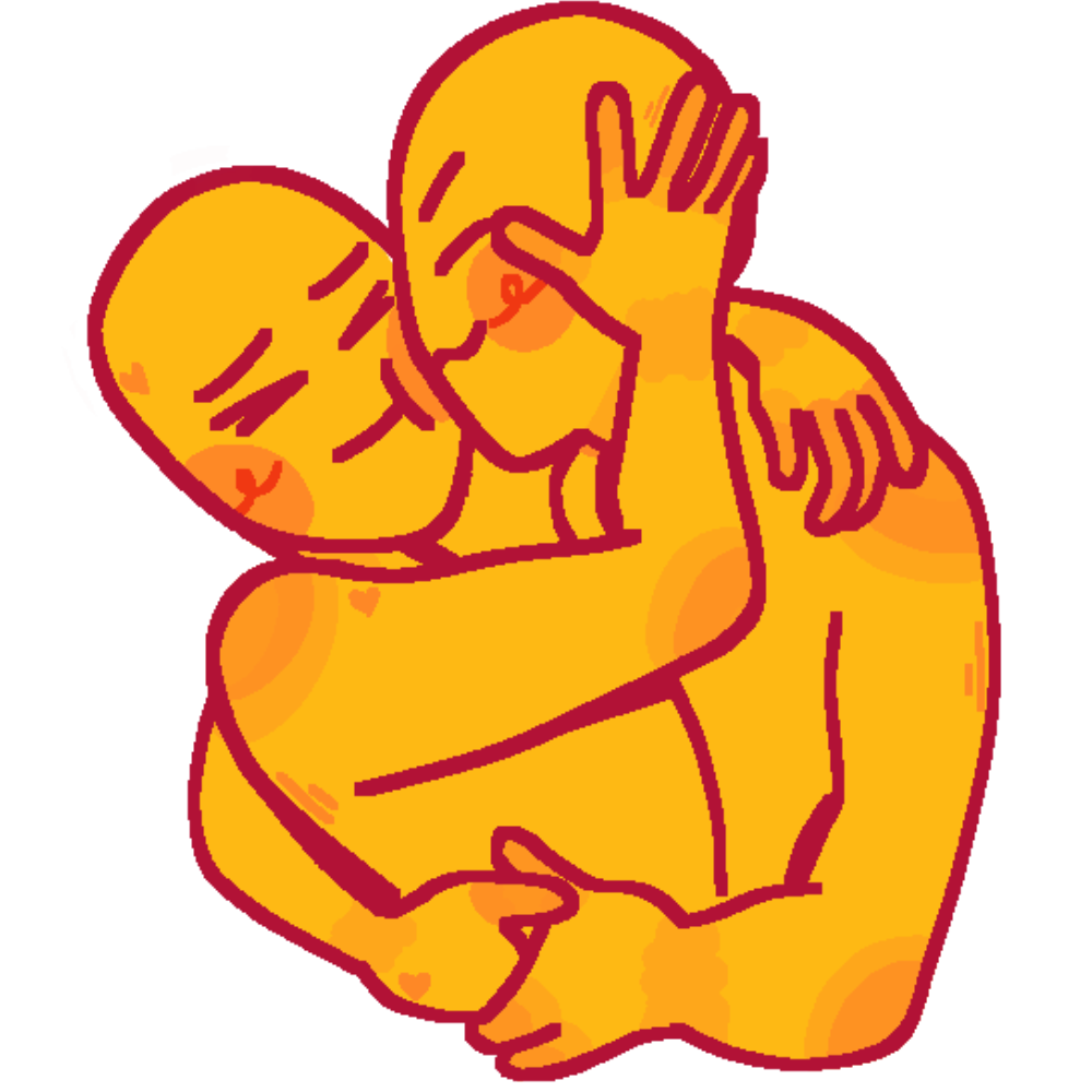 One person hugging another tightly and giving them a kiss on the cheek. The other wraps their arm around the first’s shoulders, and pushes back against their face playfully with one hand.