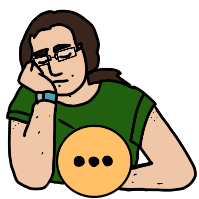 a person with light skin, glasses, brown hair in a ponytail, and a green tshirt. they sit with their eyes shut, leaning against one hand. in front of them is an orange circle with three dots in it