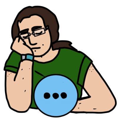 a person with light skin, glasses, brown hair in a ponytail, and a green tshirt. they sit with their eyes shut, leaning against one hand. in front of them is a blue circle with three dots in it