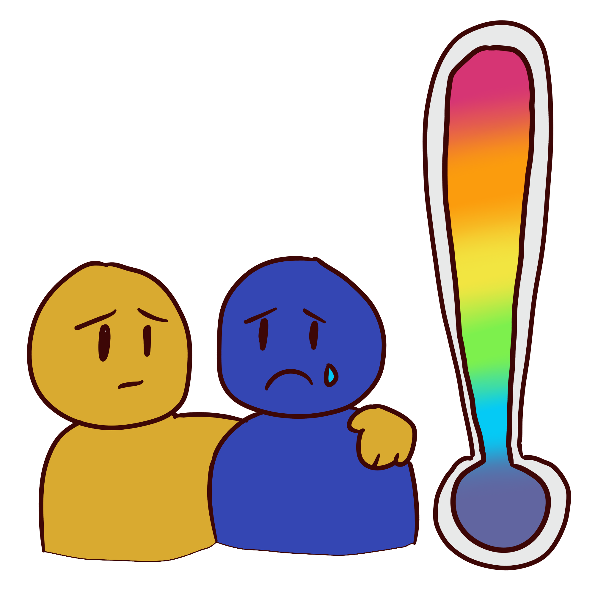  image of a yellow figure comforting a sad blue figure. next to it is a thermometer with a high temperature