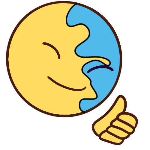 a round emoji yellow and blue face smiling with closed eyes and making a thumbs-up.