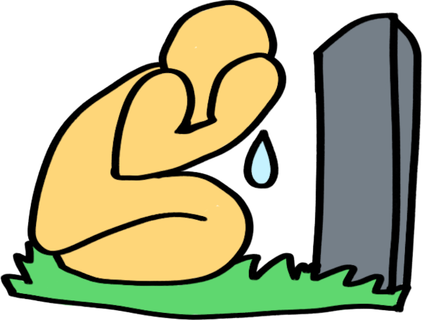 an emoji yellow person kneeling in grass in front of a grave. a hand covers their face, and there is a teardrop coming from it.