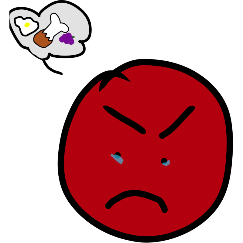 a red faced emoji person glares at the camera with tears in their eyes. A thought bubble displays a fried egg, a turkey leg, and some grapes.